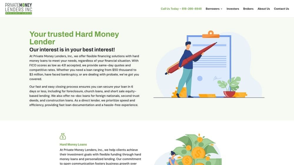 Screenshot of Private Money Lenders website homepage